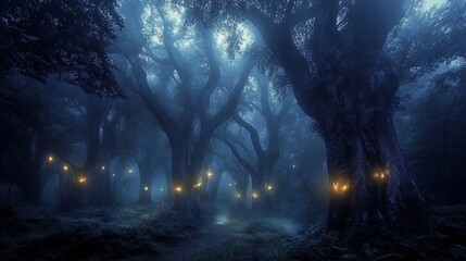 A mysterious path through a foggy forest lit by glowing lights in the trees.