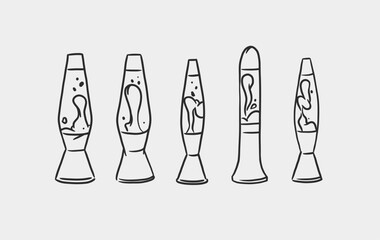 Drawn vector abstract doodle line art vintage old lava lamps set illustration, isolated.Cute 80s 90s nostalgic cartoon art. Great design elements for sticker, blog, print or poster.