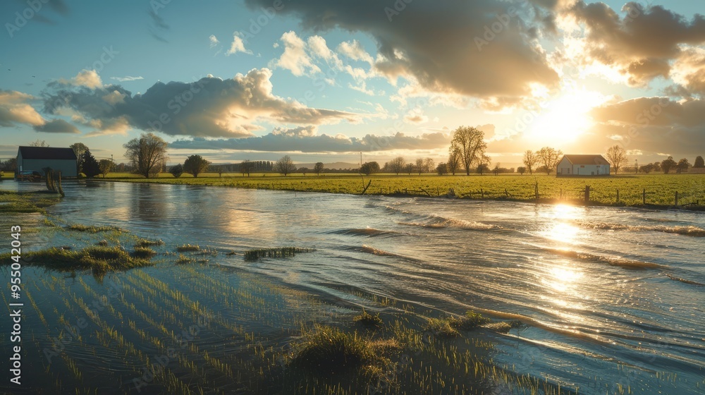Poster a flooded field with a house in the distance