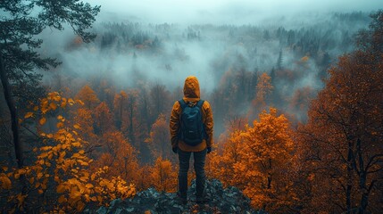 Obraz premium Contemplating Autumn's Beauty: Tranquil Figure at Forest Edge Surrounded by Misty, Vibrant Fall Colors