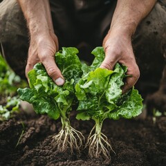 Farmer close-up holding and picking up green lettuce salad leaves with roots