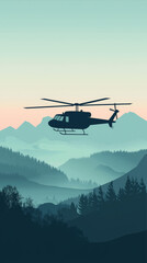 A Lone Silhouette: A Black Helicopter Soars Over Misty Mountains, Capturing a Moment of Serenity and Wilderness.