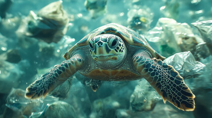 Obraz premium A sea turtle struggling to swim through floating plastic bags in a heavily polluted ocean