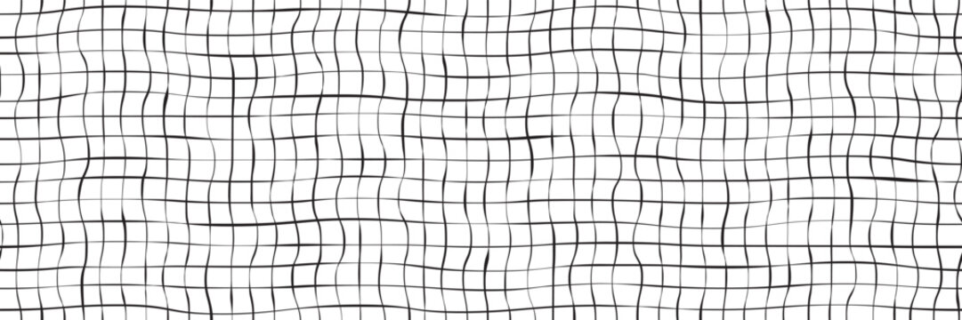 Handdrawn grid as bw simple seamless pattern. Grunge lines with shapeless doddle checks. Kid sheet of paper with wavy lines of freehand mesh. Vector illustration.