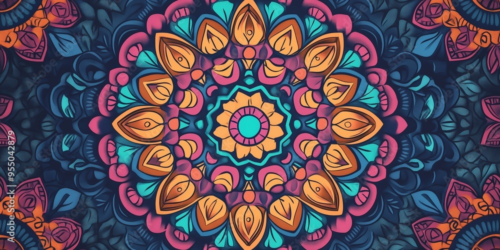 Poster a colorful and intricate design with a blue background. the design is made up of many different colo