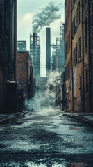 A narrow alleyway winds through a dense industrial district, shrouded in plumes of smoke, hinting at a gritty, yet strangely captivating, urban landscape.