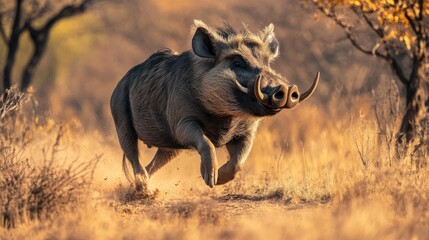 Fototapeta premium Wild Boar Running Through African Savanna