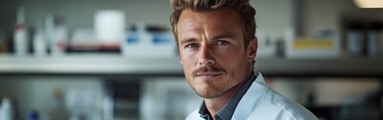 Obraz premium Confident Male Scientist Posed in Vivid Laboratory Setting