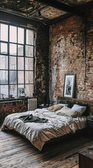 A Rustic Retreat: Exposed Brick Walls and Warm Wood Floors Create a Cozy Industrial-Style Bedroom