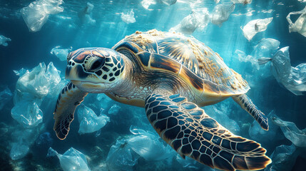 Fototapeta premium A sea turtle struggling to swim through floating plastic bags in a heavily polluted ocean