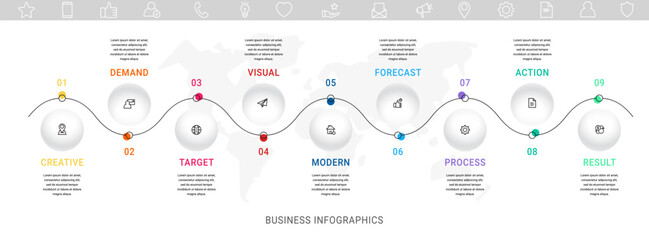Vector timeline infographics template with nine circles and options. Blank space for web, infographic, diagram, business, digital network, flowchart, presentations