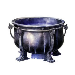 Watercolor Illustration of a Black Cauldron with Purple Liquid