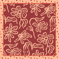 Fototapeta premium Monochrome peach and red color brush strokes inky flowers scarf or bandana design. Abstract floral contemporary background.