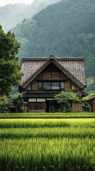 Fototapeta premium Tranquility in the Paddy Fields: A Traditional Japanese Farmhouse Nestled Amidst Lush Greenery and Rolling Hills.