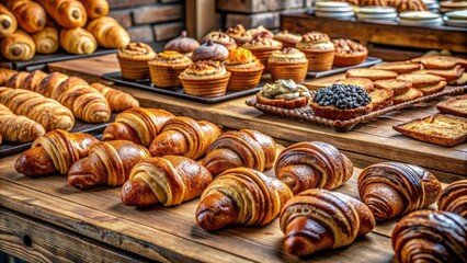 Freshly baked croissants and pastries are neatly arranged on a rustic wooden counter, ready for takeaway or eat-in at a charming French-inspired bakery.
