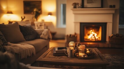 Cozy Living Room with Fireplace and Candles