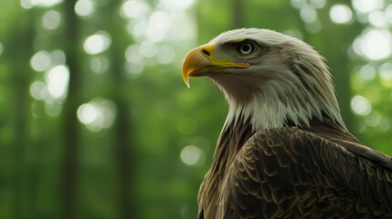 Obraz premium A bald eagle is standing in a forest with its head held high