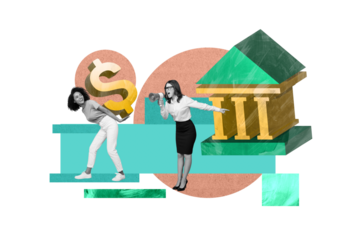 Creative trend collage of together two finger point bank young female colleagues coworkers carry hold heavy dollar sign order chief boss