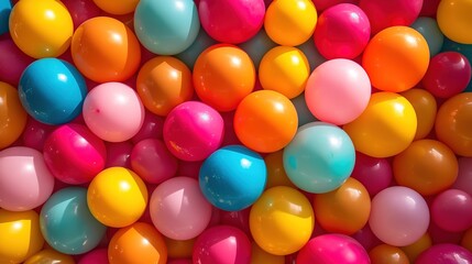 Vibrant and Colorful Balloons Stacked for an Abstract Background. Festive Celebration and Party Decor Ideas with Joyful and Energetic Feel.