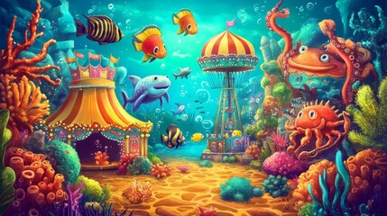 Fototapeta premium A vibrant underwater scene featuring colorful fish, coral, and a whimsical carnival tent.
