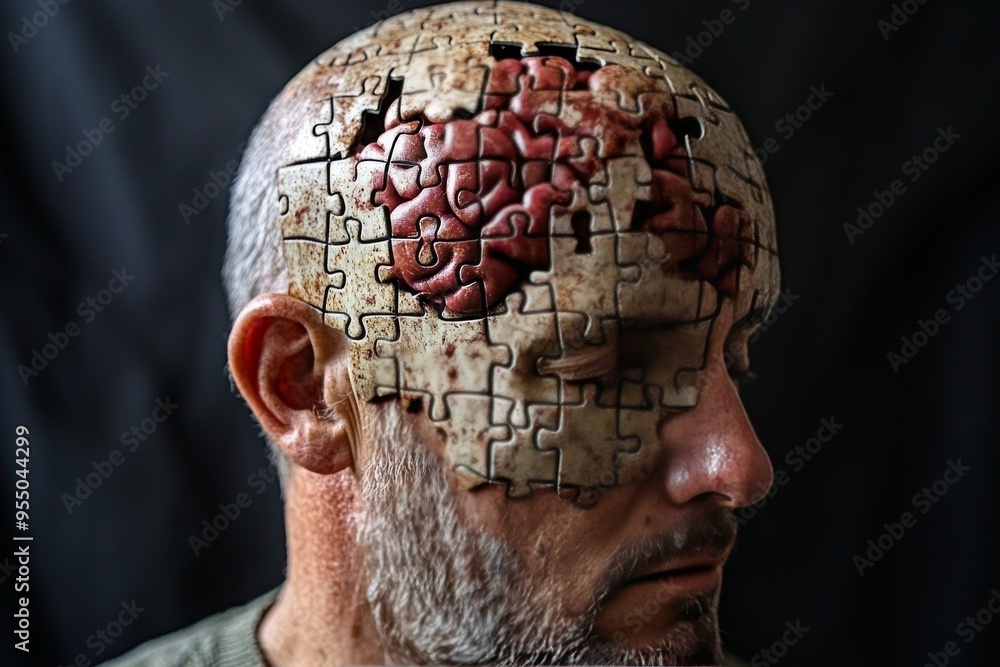 Poster social bonding higher order thinking elderly man with puzzle piece brain symbolizing the complexity 
