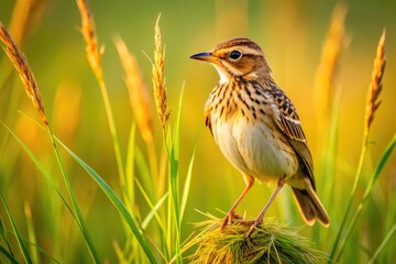 Fototapeta premium A delicate lark perches on a sun-kissed field of tall grass, its brown plumage and tiny beak a picturesque contrast to the vibrant green surroundings.