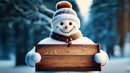 Snowy scene with a snowman holding a wooden sign in the snow - Powered by Adobe
