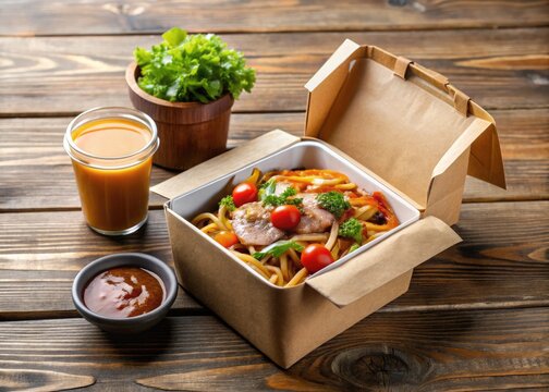 A delicious, freshly prepared meal in a disposable container, topped with a flavorful sauce, nestled in a comfortable brown paper bag, ready for transport.