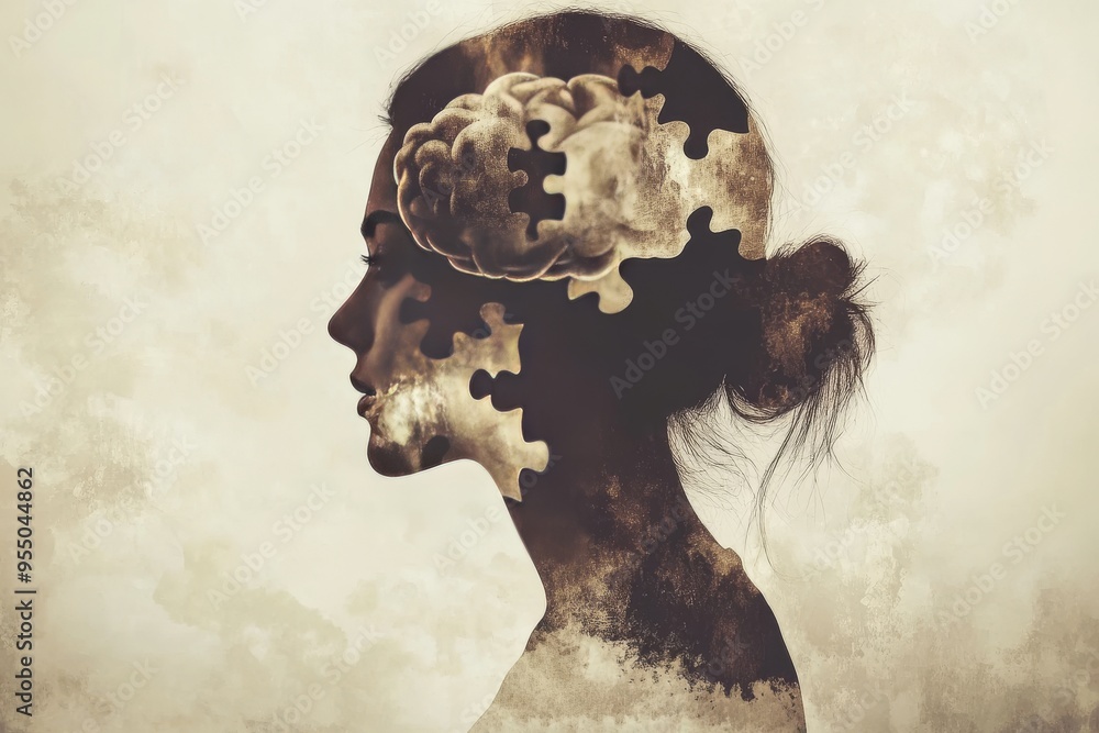 Poster interbrain communication higher order thinking side profile of a woman with puzzle piece silhouette 