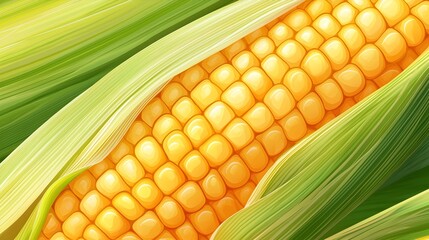 Detailed of a corn ear with peeled green husk revealing golden kernels