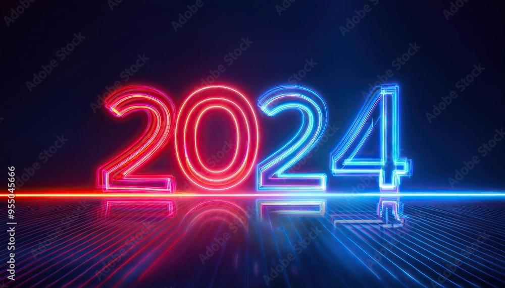 Wall mural futuristic blue red glowing neon light happy new year 2025