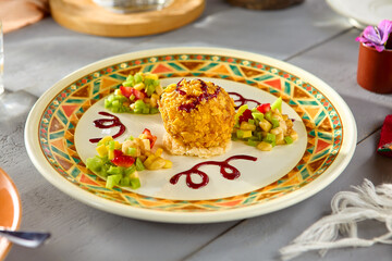 Fried Ice Cream Dessert with Fresh Fruit Tartare on Ornate Plate