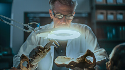 Senior archaeologist takes measurements of fossil skull using professional measuring tool, looks...