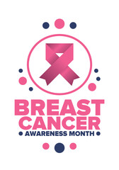 Breast Cancer Awareness Month. Pink october. Pink ribbon. Woman healthcare. Celebrate annual. Medic concept. Girl solidarity. Cancer prevention. Female disease. Poster, banner and background. Vector