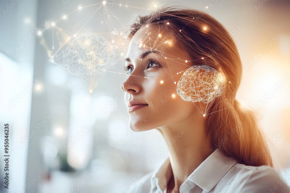 Poster cortical synchronization higher order thinking woman with golden neural network overlay on her face 