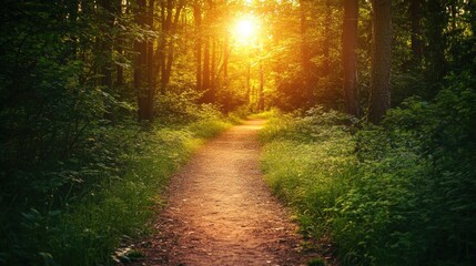 Obraz premium A deserted hiking trail through a dense, green forest, bathed in the warm light of the setting sun, symbolizing exploration