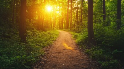 Obraz premium A deserted hiking trail through a dense, green forest, bathed in the warm light of the setting sun, symbolizing exploration