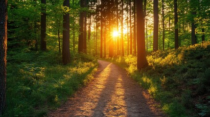 Obraz premium A deserted hiking trail through a dense, green forest, bathed in the warm light of the setting sun, symbolizing exploration