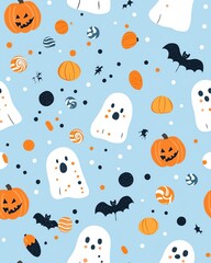 Cute Halloween seamless pattern with ghosts, pumpkins, bats and candy on blue background