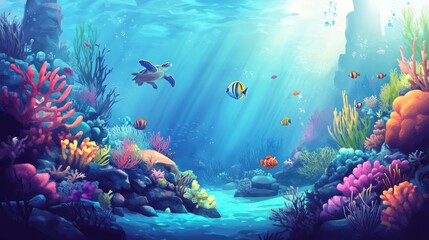A vibrant underwater scene with colorful corals, fish, and a turtle in bright sunlight.