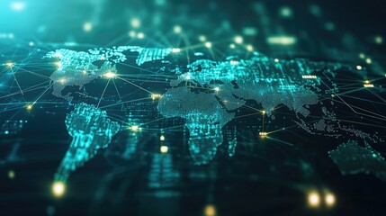 A digital map with global connections and data points, symbolizing the concept of globalization and information flow.