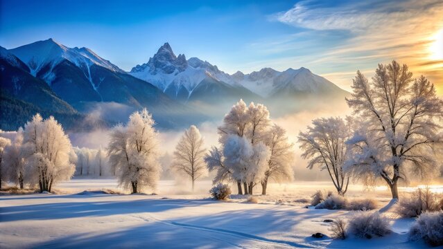 Frozen landscape with icy trees, snow-covered mountains, and misty fog, capturing the serene beauty of extremely cold temperatures in the midst of winter.