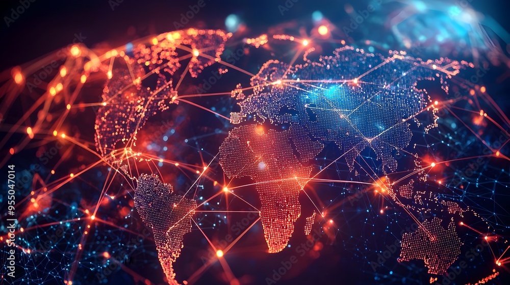 Poster glowing world map representing global connectivity and interconnected networks