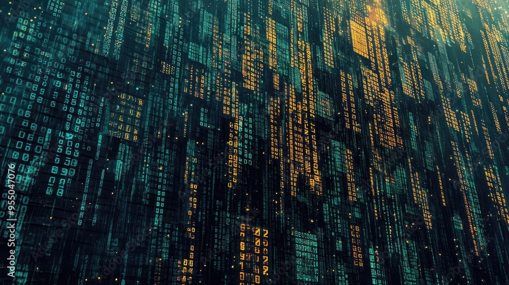 Poster a digital matrix of ones and zeros, representing the concept of coding, data, and the digital world.