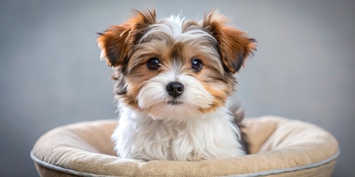 Adorable small white and brown morkie puppy with fluffy fur and big brown eyes sitting on a soft cushion, looking curious and playful.