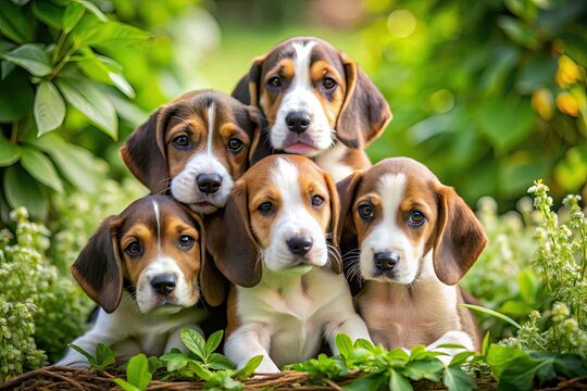 Adorable Walker Hound puppies with floppy ears and curious eyes playfully snuggle and tumble together in a joyful outdoor setting surrounded by lush greenery.