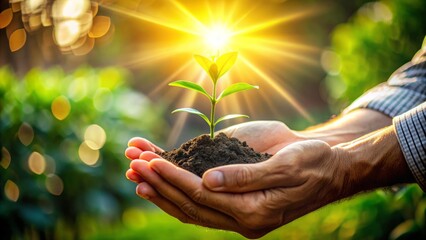 Fototapeta premium Gentle hands cradle a small plant, symbolizing nurturing care and connection, as warm sunlight filters through fingers, evoking feelings of comfort and serenity.