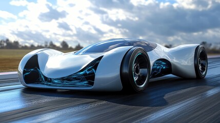 A futuristic concept car on a high-tech test track, representing cutting-edge automotive innovation and design