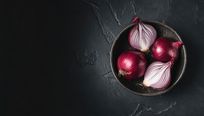 Red onion in a bowl on a black background