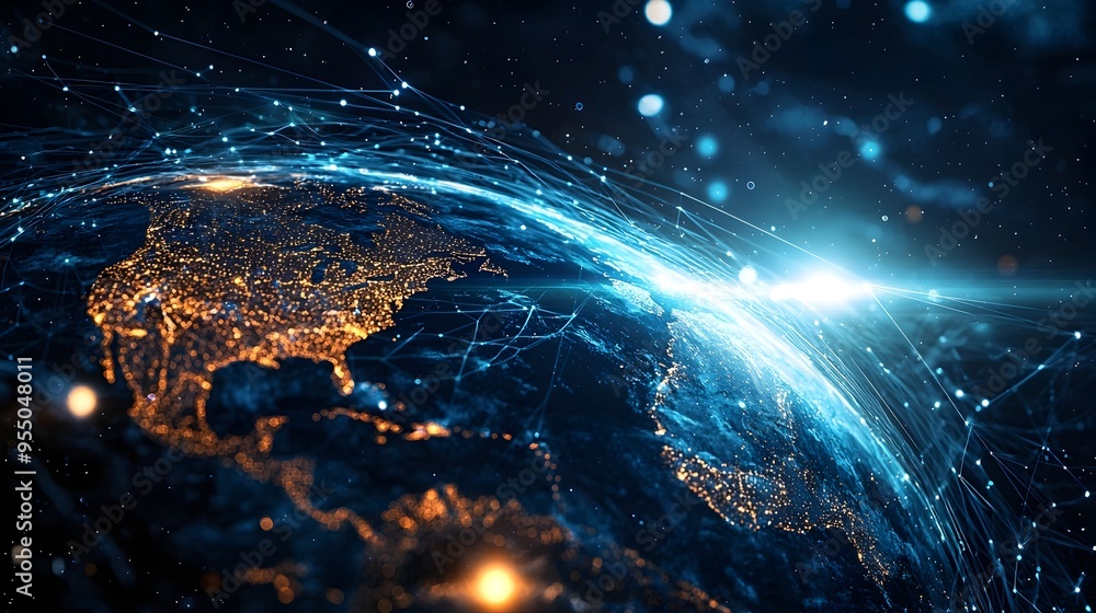 Poster earth encompassed by dynamic data streams and bright light trails,representing global technology